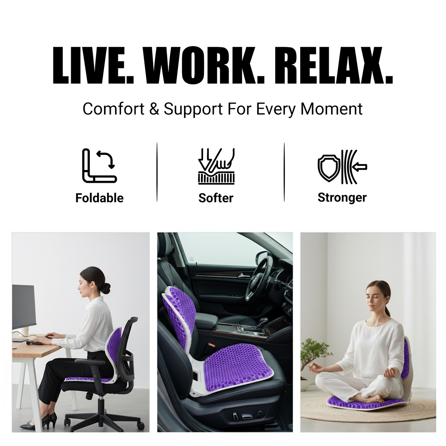 Posture Max Pro, Foldable Ergonomic Posture Corrector Seat for Office Chair, Car Seat & Meditation, Breathable Honeycomb TPE Back Support Cushion, Improves Posture, Spine Alignment & Pressure Relief, Durable, Lightweight, Grey & Purple