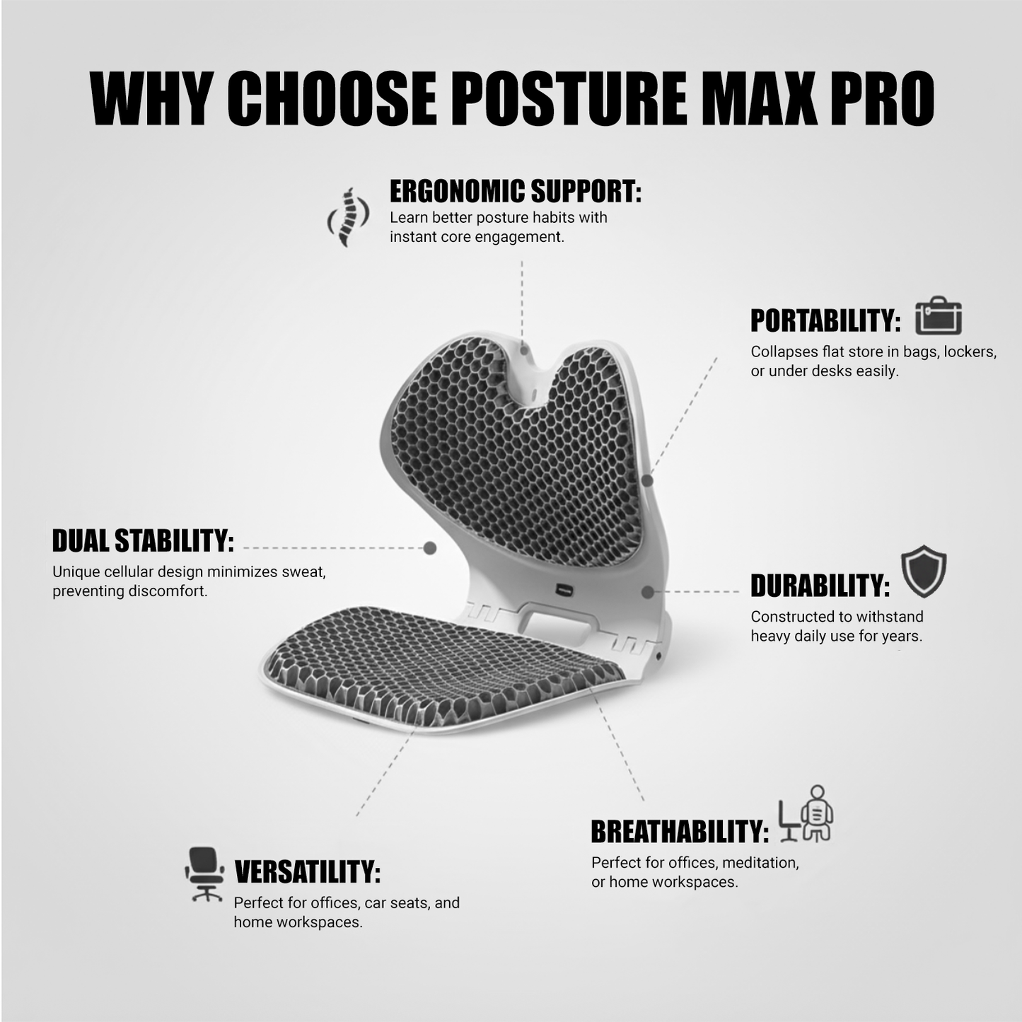Posture Max Pro,  Foldable Ergonomic Posture Corrector Seat for Office Chair, Car Seat & Meditation, Breathable Honeycomb TPE Back Support Cushion, Improves Posture, Spine Alignment & Pressure Relief, Durable, Lightweight, Grey & Purple