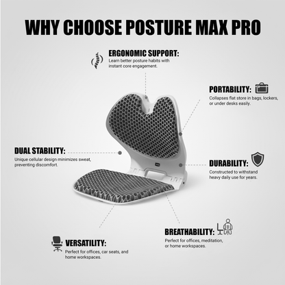 Posture Max Pro,  Foldable Ergonomic Posture Corrector Seat for Office Chair, Car Seat & Meditation, Breathable Honeycomb TPE Back Support Cushion, Improves Posture, Spine Alignment & Pressure Relief, Durable, Lightweight, Grey & Purple