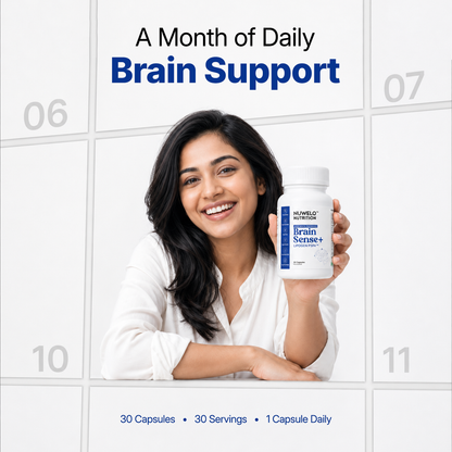 A smiling woman holding up a bottle of Brain Sense+ capsules 