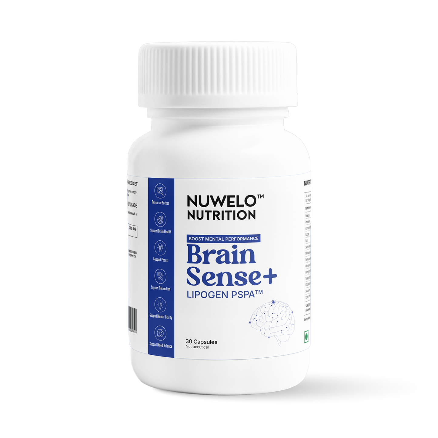 A white plastic bottle of Nuwelo Nutrition Brain Sense+ capsules, featuring a white label with blue and black text 