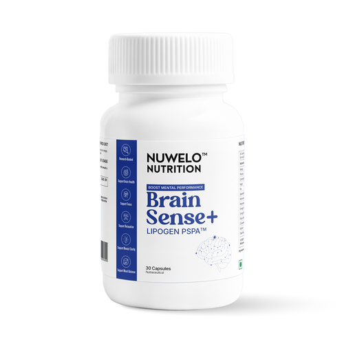A white plastic bottle of Nuwelo Nutrition Brain Sense+ capsules, featuring a white label with blue and black text 