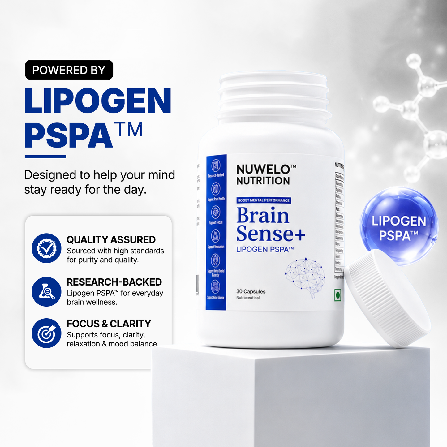 A white bottle of Nuwelo Nutrition Brain Sense+ Lipogen PSA+ capsules