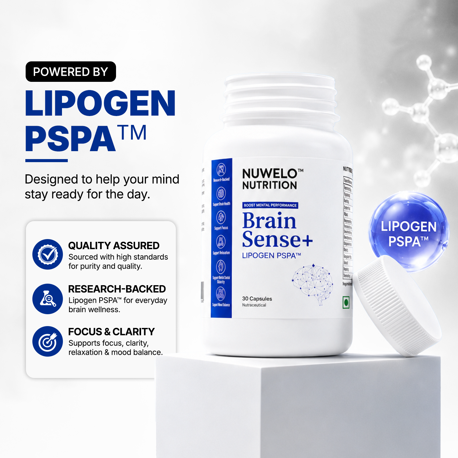 A white bottle of Nuwelo Nutrition Brain Sense+ Lipogen PSA+ capsules