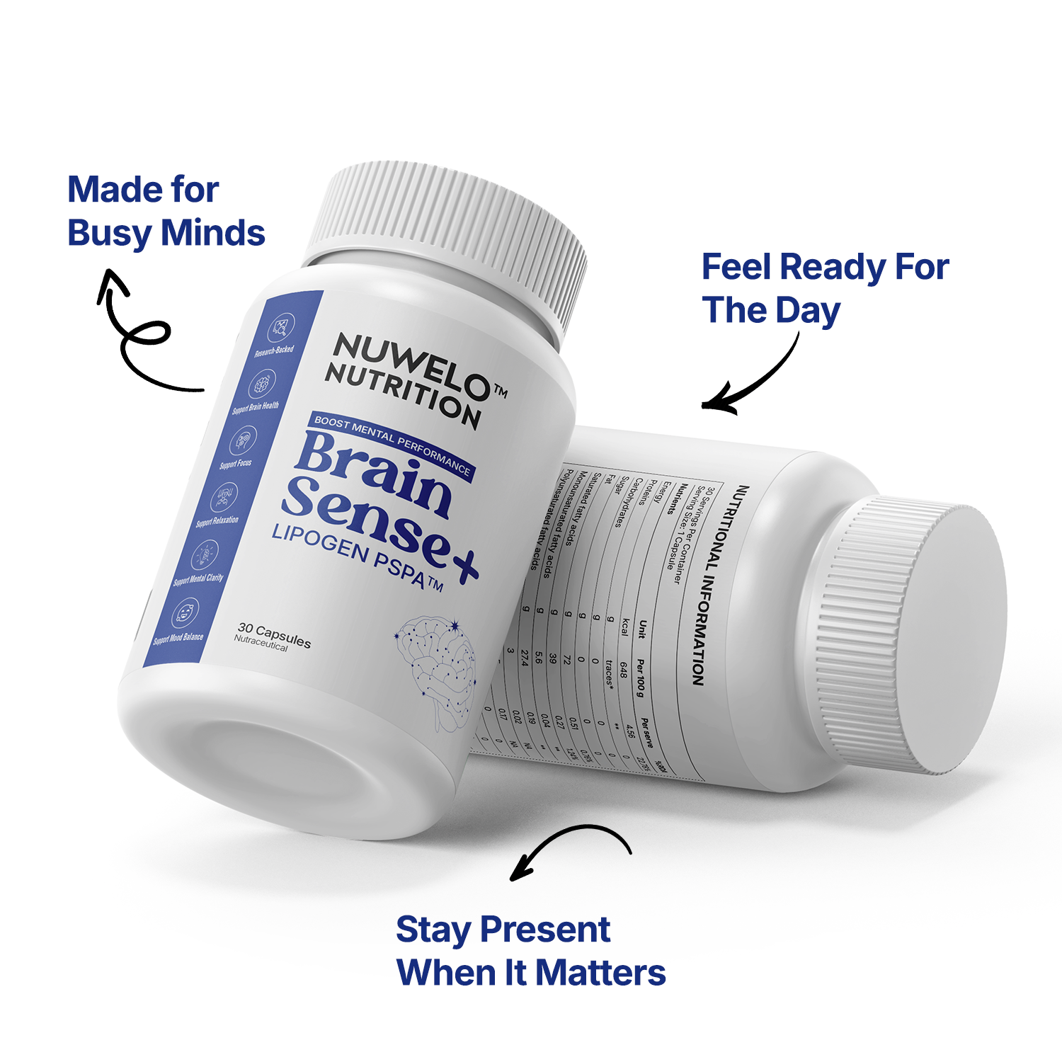 Two white bottles of NUWELO NUTRITION Brain Sense+ Lipoigen PSPA+ on a white background