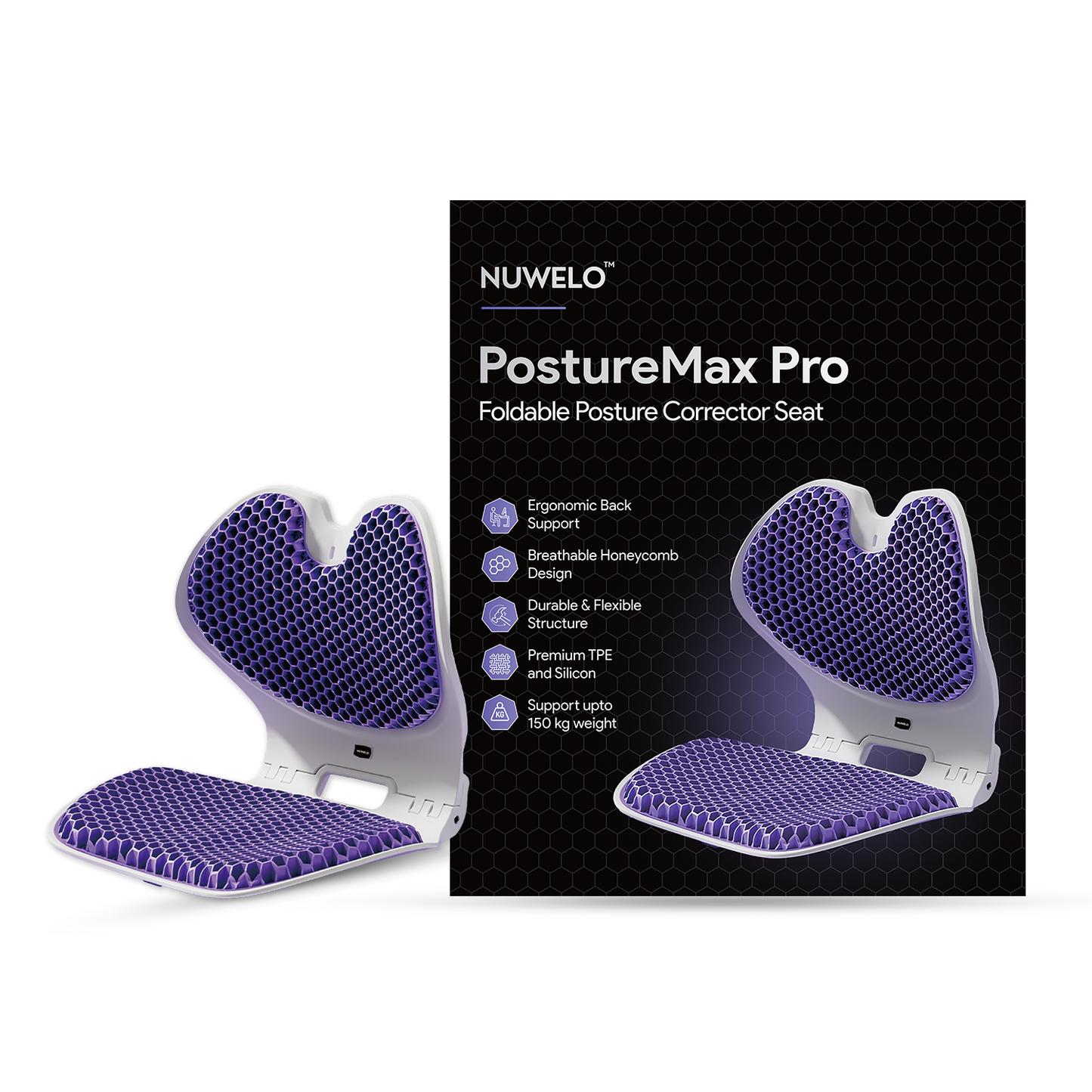 Posture Max Pro,  Foldable Ergonomic Posture Corrector Seat for Office Chair, Car Seat & Meditation, Breathable Honeycomb TPE Back Support Cushion, Improves Posture, Spine Alignment & Pressure Relief, Durable, Lightweight, Grey & Purple